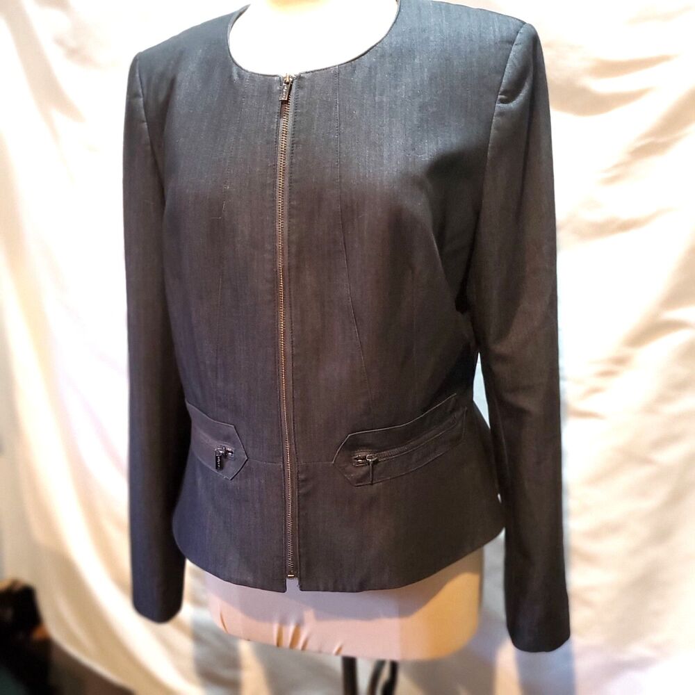 Calvin Klein Fitted Jacket Blue Faux Denim Zip Front Pockets Full Zip, Size 12